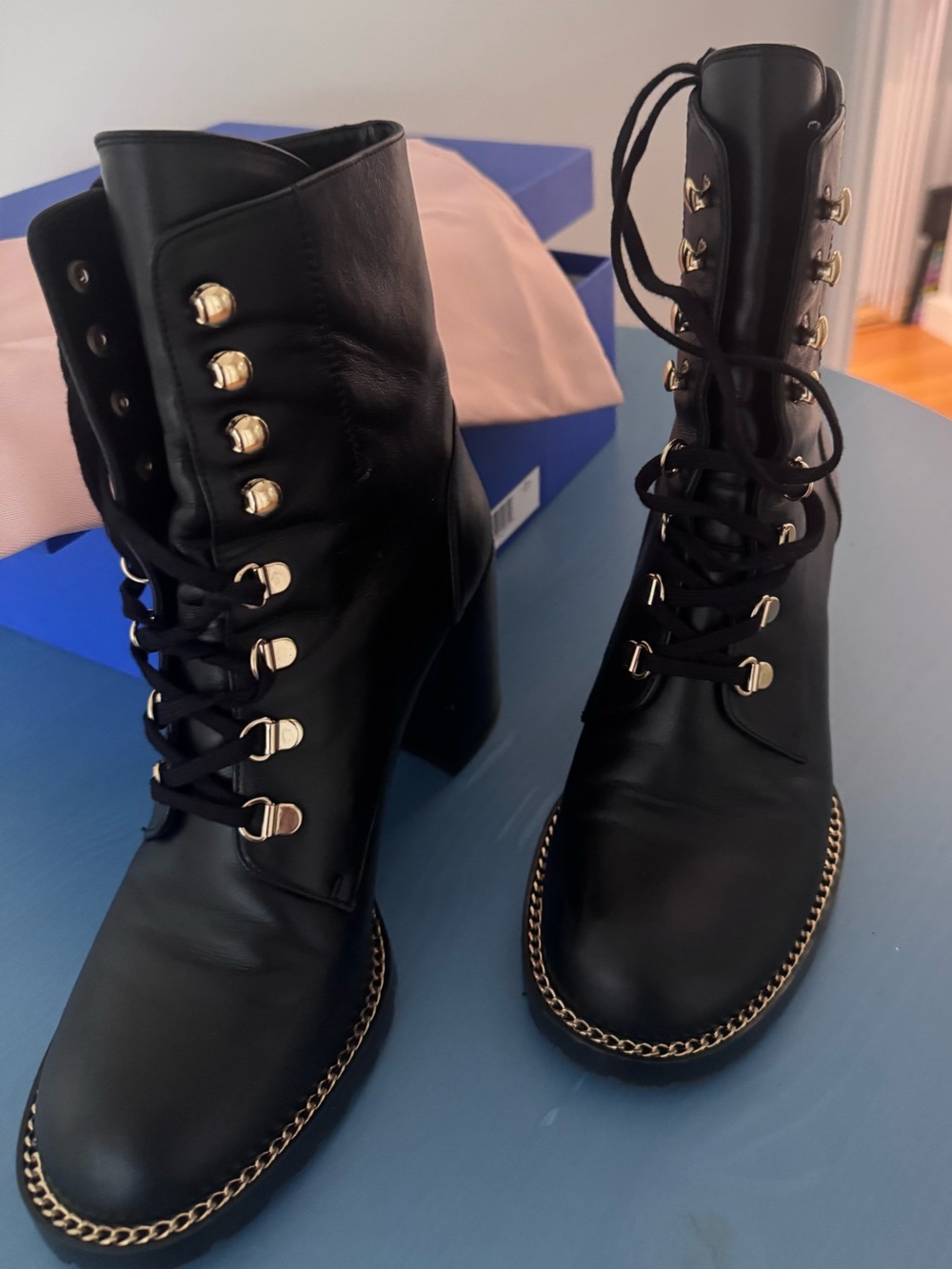 Stuart Weitzman Black Leather Lace-Up Ankle Boots with Gold Chain Trim